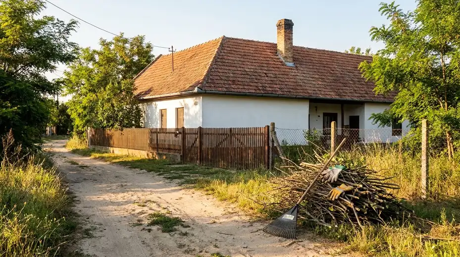 Kertes családi ház téglakéménnyel és cserépfedéssel, homokos kerti utcában