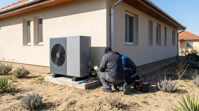 Kültéri hőszivattyú-egység egy földszintes családi ház falánál, betonalapon, napsütésben