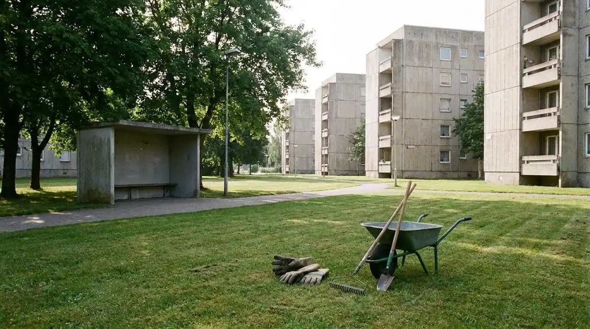 Tízemeletes panelházak egy lakótelepen, fák között, nyári reggelen